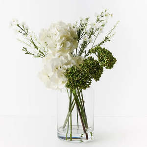 Hydrangea Larkspur Arrangement / Tall Glass Vase /