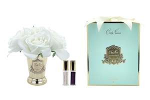 Perfumed Flowers: ** CLEARANCE ** Cote Noire Seven Rose Bouquet in White - Gold Goblet - Tiffany Jade Box - SMC06