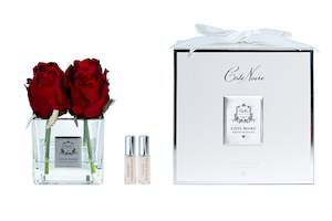 Perfumed Flowers: Cote Noire Couture 4 Rose Buds - Square Clear Vase Sliver & Red - SVS404