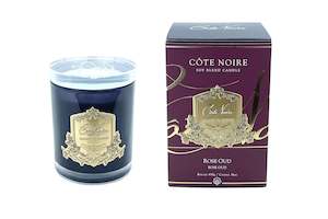 450 G: Cote Noire 450d Candle - Dark Vessel with Gold Badge - Rose Oud