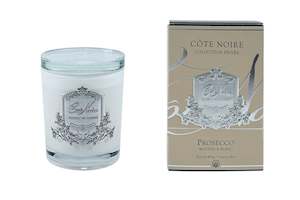 450 G: Cote Noire 450g Candle - White Vessel with Silver Badge - Prosecco