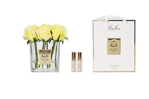 Perfumed Flowers: ** NEW - LIMITED ** Cote Noire Couture 9 Rose Buds - Square Clear Vase - Gold & Yellow - SVC908