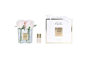 Perfumed Flowers: ** Limited ** Cote Noire Couture 4 Rose Buds - Champagne Pink - Square Clear Vase Gold - SVC415