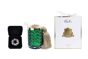 Limited Edition Candles: Cote Noire Autumn Spice scented Herringbone Candle - Dark Green & Gold Vessel - Wreath Brooch - HCG09