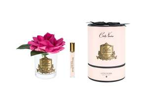 Perfumed Flowers: New Single Rose - Clear Glass - Magenta Gold/Pink Box - RMR07