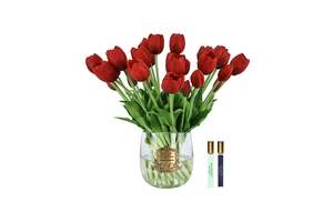 View All Flowers: Cote Noire Heritage Tulips - Clear Vase with Gold Badge - Red - HT03