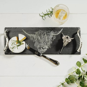 Products: Highland Cow Tray, Stainless Steel Cheese Knife & Highland Cow Bottle Pourer Gift Set – Country Outlook
