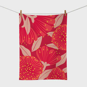 Kitchen Table: Bright Botanical Red Pohutukawa Tea Towel