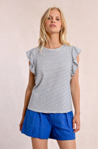 MOLLY BRACKEN LADIES KNITTED TEE - WHITE/NAVY BLUE - T1945DP-WHI