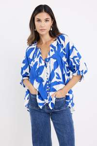 Among The Brave: AMONG THE BRAVE - ANTIC BUTTON TOP - BRIGHT BLUE ABSTRACT