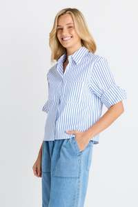 BETTY BASICS CROPPED SHIRT - BLUE STRIPE
