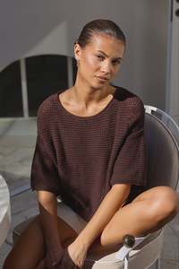 Products: RE:UNION LABEL - SUNRISE CROCHET KNIT TOP - DARK CHOCOLATE