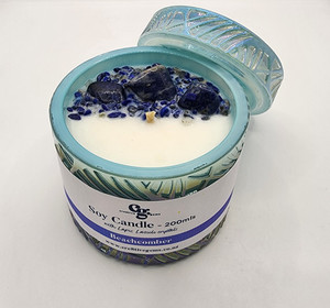 Products: Beachcomber Blue Ion leaf vintage cut candle with Lapiz Lazuli crystals Cre8tive-Gems