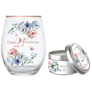 Dancing Roses Stemless Wine Glass 520ml & Vanilla Candle Gift Set - 21st