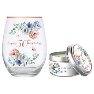 Dancing Roses Stemless Wine Glass 520ml & Vanilla Candle Gift Set - 50th