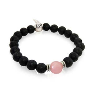 Semi Precious Stone Jewellery: Lava Beads + Silver Fern + Rose Quartz Bracelet - 8mm