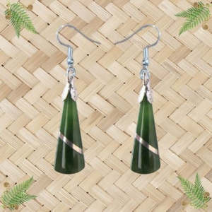 NZ Greenstone Wedge with Silver Thread Earrings - 25mm