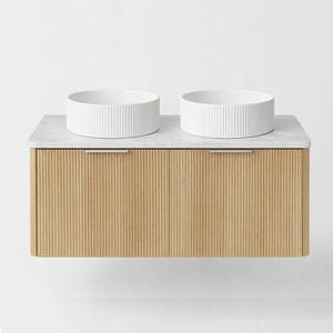 Bathroom Furniture Crown Bathrooms: Aussi Curve In-Line 1200mm Scandi Oak 2Dr WH Plywood Vanity with Benchtop & Double Countertop