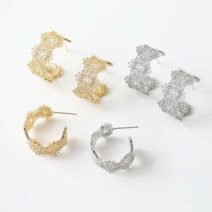 Hoop Heaven: Lenara - gold or silver tone lace patterned C hoop stud earrings with sterling silver post