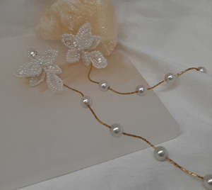Amanda - lace and tiny seed beads flower shaped stud and pearl cascading earrings