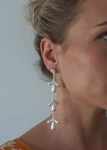 Cascading Cool: Paige - teardrop crystal pearl beads and sterling silver stud long cascading earrings