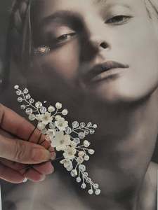 Champagne Ice: Estelle - White flowers, crystal clear beads, and freshwater pearls set of three hair pins