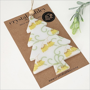 Products: Hanging Ornament Printed : Tree 10 (Kowhai) (ont10)Satin Acrylic Ornaments