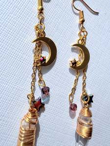 Gold moon & clear quartz earrings