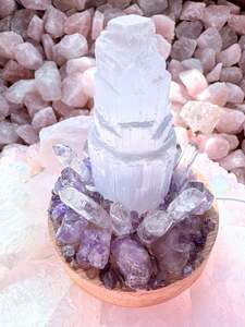 Crystal Cluster Lamps: Satin Spa Tower & Amethyst Cluster Lamp/LG