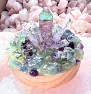 Crystal Cluster Lamps: Fluorite Point & Clear Quartz Cluster Lamp/LG
