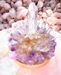 Crystal Cluster Lamps: Amethyst Flower & Clear Quartz Point Cluster Lamp /LG
