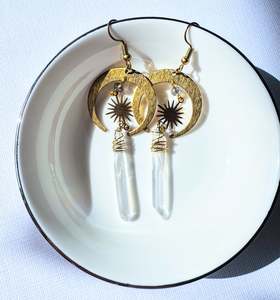 Earrings: Gold Half Moon Earrings With Clear Quartz.