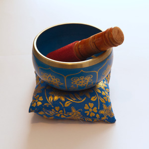 Tibetan Singing Bowl - Brass Lucky Blue with Cushion 6cm x 11cm