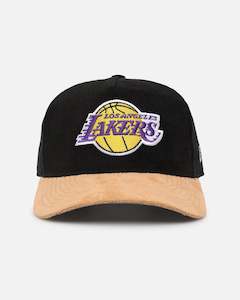 Mens Sale Headwear: New Era Los Angeles Lakers 'Corduroy Suede' Pre-Curved Golfer Snapback Washed Black