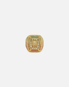 Mens Accessories Ring: Guess Mainline 14mm Lion Pave Signet Ring Gold