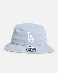 Mens New Era Headwear Bucket Hats: New Era Los Angeles Dodgers 'Washed Denim' Bucket Hat Blue Washed Denim