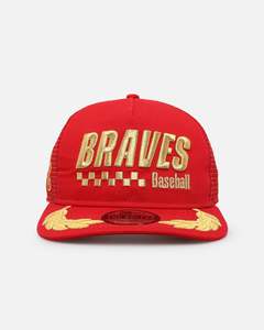 Mens Sale Headwear: New Era Atlanta Braves 'Podium Collection' Pre-Curved Golfer Trucker Snapback Scarlet/Metallic Gold