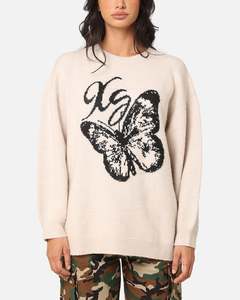 Knitwear: X-Girl Women's XG Butterfly Oversized Knit Sweater Vanilla