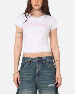 Womens Sale Tops: Ed Hardy Women's Lace Trim Baby T-Shirt White