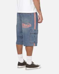 Mens Bottoms Denim Shorts: X-Large Oval Baggy Cargo Denim Shorts Indigo Blue