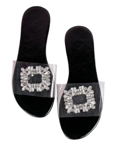 Widefit Curvy Soles Chie - Clear with Rhinestone Strap Flats