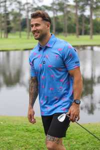 Golf Polos: CA Funky Golf Polo | Blue-Dotted Flamingo