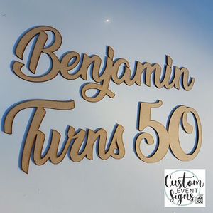 Products: WOODEN NAME ANNIVERSARY NAME turns AGE (2 row) - Custom Event Signs