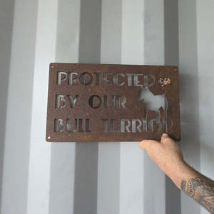 Address Signs Numbers: protected by our bull terrior - corten