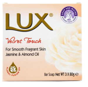 Toiletries: Lux pk3 x 80g bar soap velvet touch jasmine & almond oil