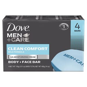 Toiletries: Dove pk4 x 100g soap bar men+care body and face clean comfort