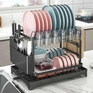 Durable 2 Tier Dish Drying Rack with Space-Saving Drainboard