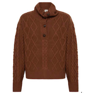 New Womens Clothing Arrivals: Iris & Wool Heart Cable Button Neck Jumper Brown