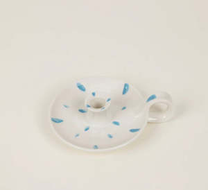 Homewares: St Eval Candle holder with handle & sky blue detailing