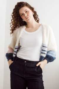 Flock Hand Knits: Flock Kate Cardi Creme Blue  3 Tone Stripes